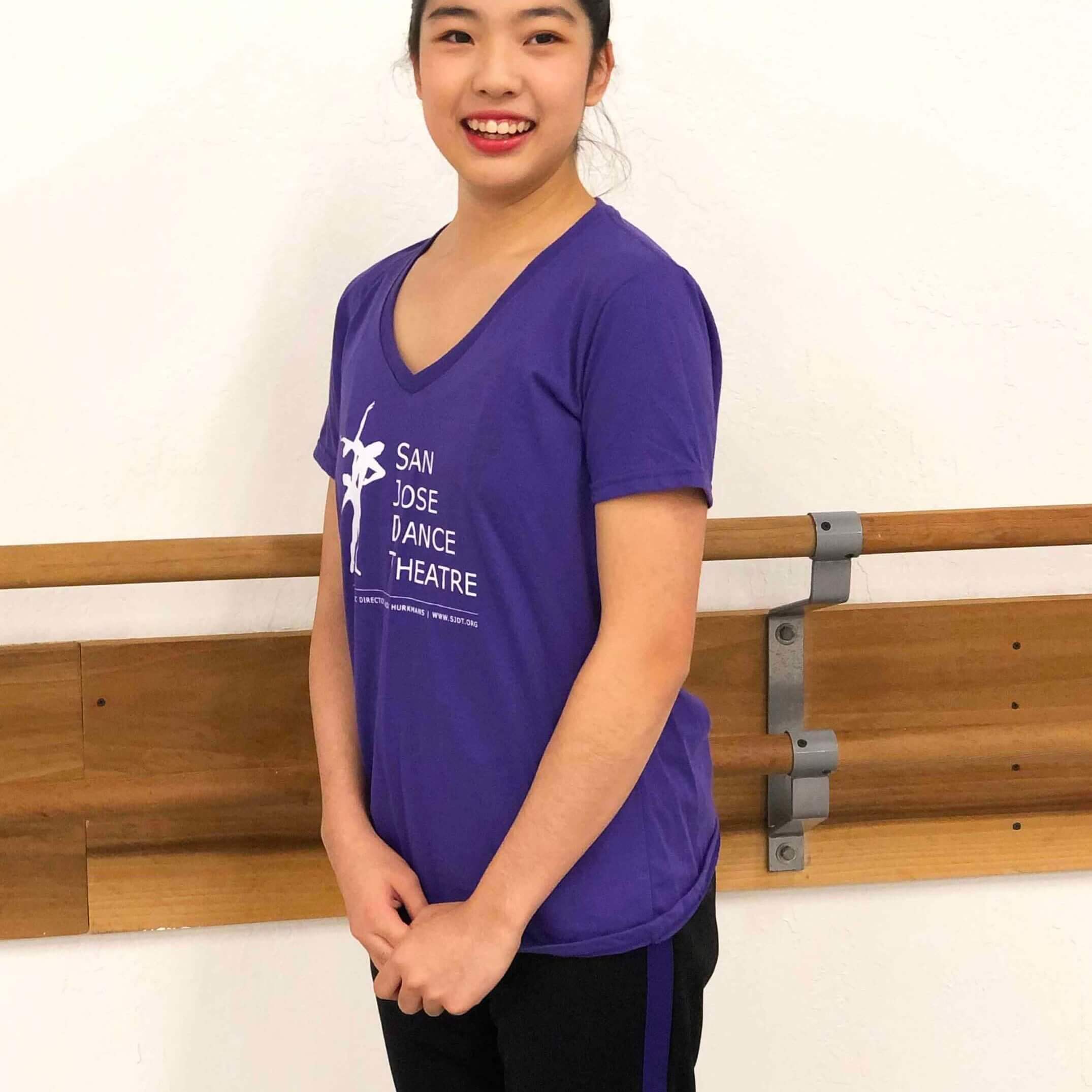 SJDT purple t-shirt model