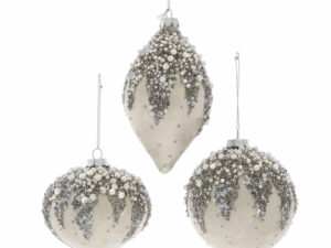4" Glass Ivory Beaded Ball, Onion and Drop Ornaments